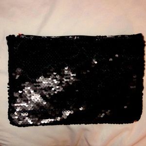 Black sequin and faux leather clutch purse